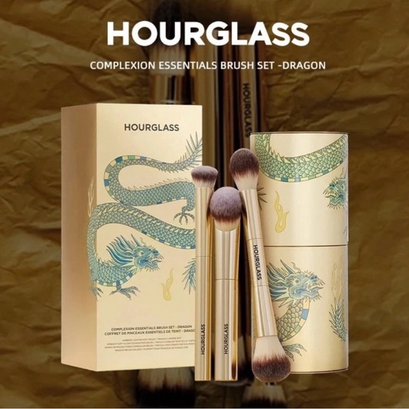 Hourglass Gold Makeup Brush set 3pcs Golden Dragon Case NEW